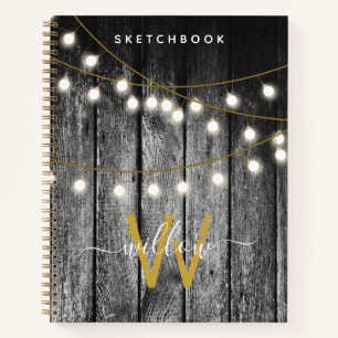 Rustic Wood Gold String Lights Monogram Sketchbook Notebook