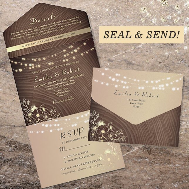 Rustic Wood Gold String Lights Wedding All In One Invitation (Creator Uploaded)