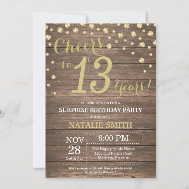 Rustic Wood Gold Surprise 13th Birthday Diamond Invitation (Front)