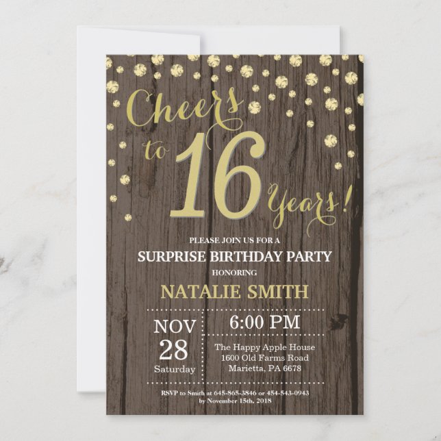 Rustic Wood Gold Surprise 16th Birthday Diamond Invitation (Front)