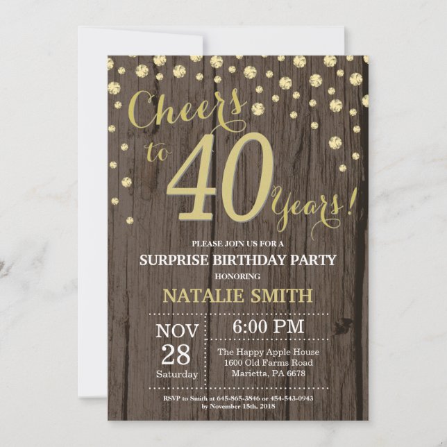 Rustic Wood Gold Surprise 40th Birthday Diamond Invitation (Front)