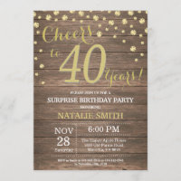 Rustic Wood Gold Surprise 40th Birthday Diamond