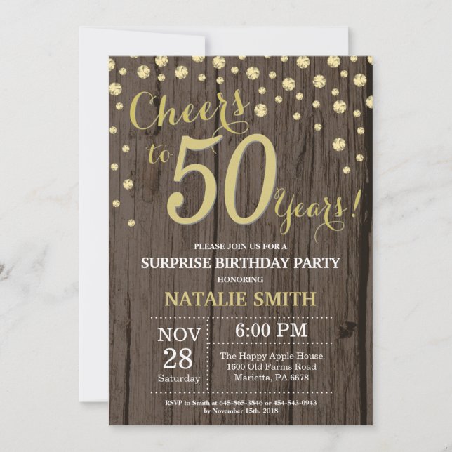 Rustic Wood Gold Surprise 50th Birthday Diamond Invitation (Front)