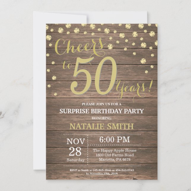 Rustic Wood Gold Surprise 50th Birthday Diamond Invitation (Front)