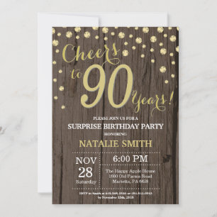 Rustic Wood Gold Surprise 90th Birthday Diamond Invitation