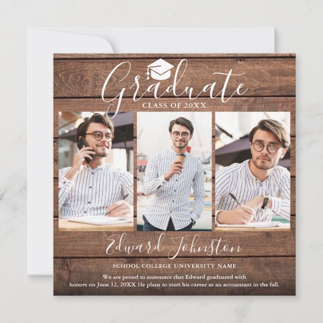 Rustic Wood Graduate 4 Photo Graduation  Announcement (Front)
