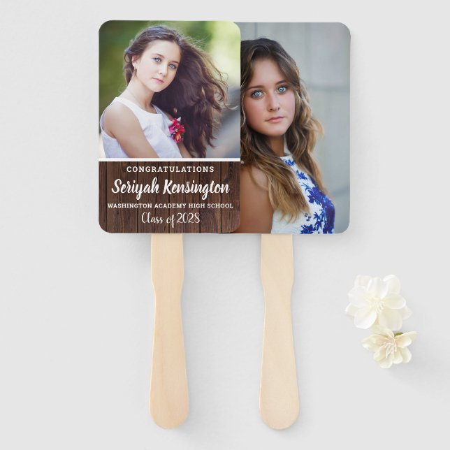 Rustic Wood Graduation Female Photo Hand Fan (Front and Back)