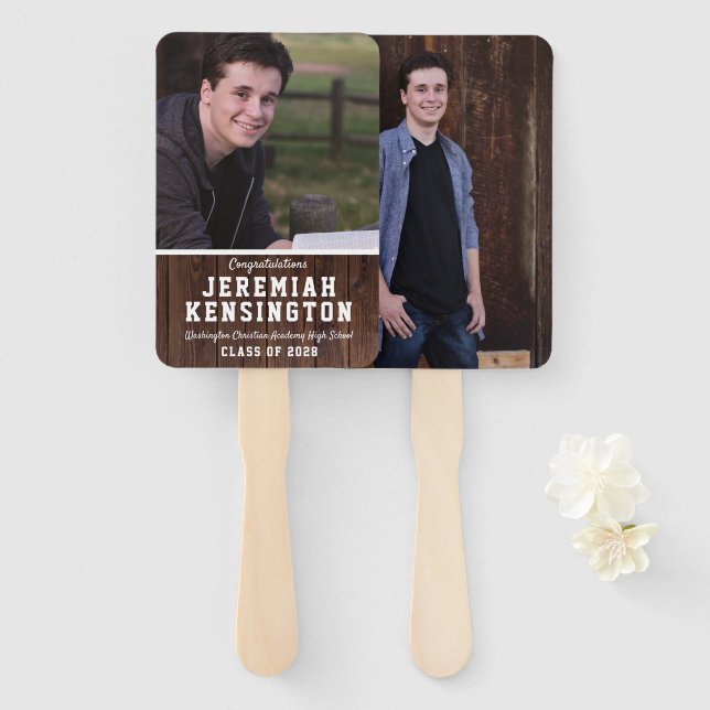 Rustic Wood Graduation Male Photo Hand Fan (Front and Back)