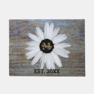 Rustic Wood Grain Add Name Year   Monogram Daisy Doormat
