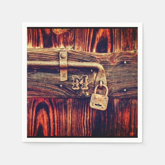 Rustic wood grain antique brass lock brown napkin (Front)