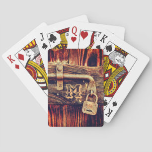 Rustic wood grain antique brass lock playing cards