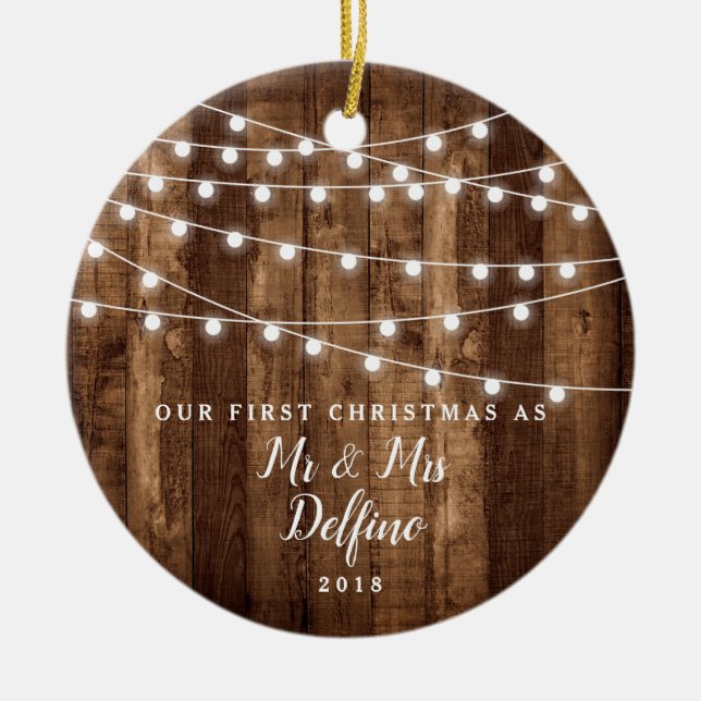 Rustic Wood Grain Fairy Lights Newlywed Mr & Mrs Ceramic Ornament (Front)