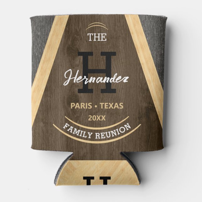 Rustic Wood grain Monogrammed Family reunion Brown Can Cooler (Front)
