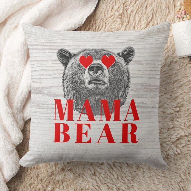 Rustic Wood Grain Red Hearts Mama Bear Throw Pillow (Blanket)
