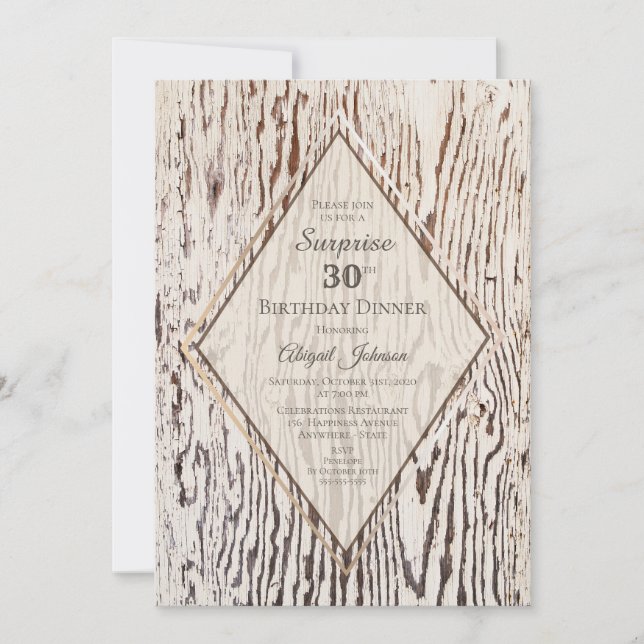 Rustic Wood Grain Surprise 30th Birthday Dinner Invitation (Front)