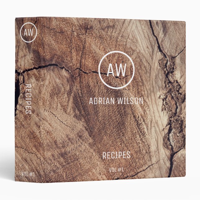 Rustic Wood Grain Texture Monogram Recipes Binder (Front/Spine)