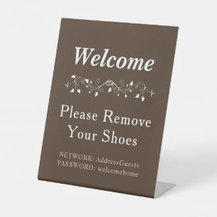 Rustic Wood Grain Welcome Remove Shoes WiFi Pedestal Sign