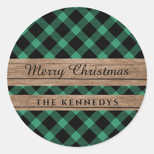 Rustic Wood Green Black Buffalo Plaid Christmas Classic Round Sticker (Front)