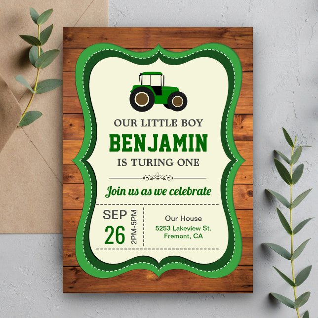 Rustic Wood Green Farm Tractor Kids Birthday Party Invitation (Creator Uploaded)
