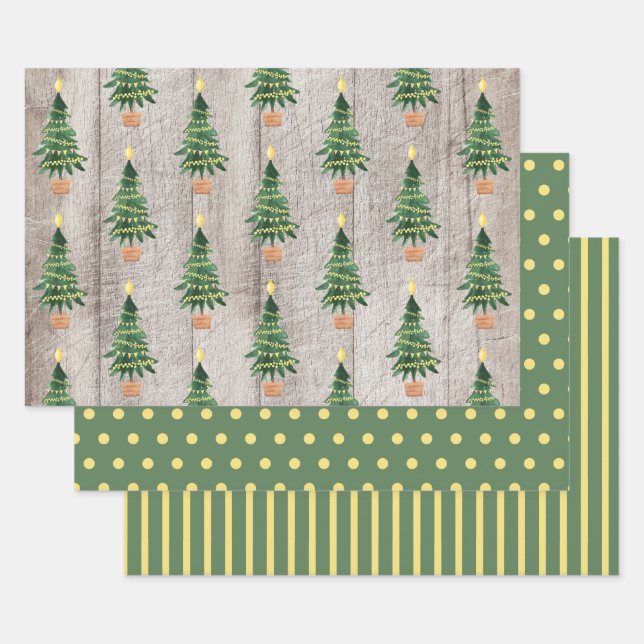 Rustic Wood Green Gold Christmas Polka Dots Stripe Wrapping Paper Sheet (Set)