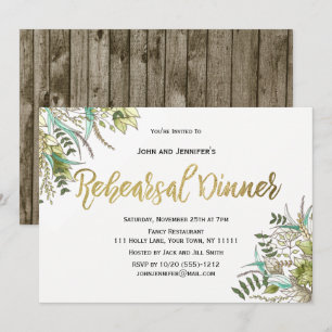 Rustic Wood Green Leaf Gold Rehearsal Dinner Invitation