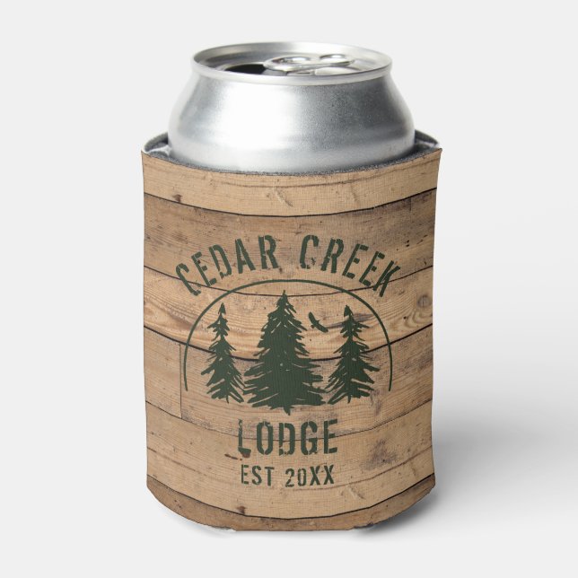 Rustic Wood Green Trees Cabin Lodge Personalized Can Cooler (Can Front)