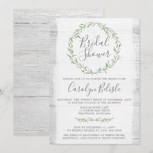 Rustic Wood Green Wreath Bridal Shower Invitation