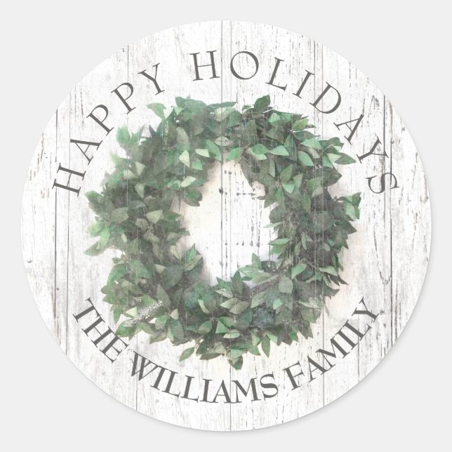 Rustic Wood Green Wreath Monogrammed Classic Round Sticker (Front)