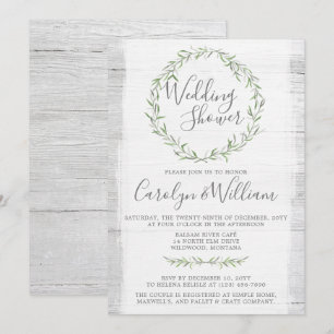 Rustic Wood Green Wreath Wedding Shower Invitation