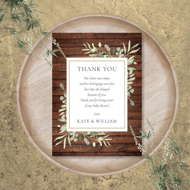 Rustic Wood Greenery Baby Shower Poem Thank You Card (Rustic Wood Greenery Baby Shower Poem Thank You Card)
