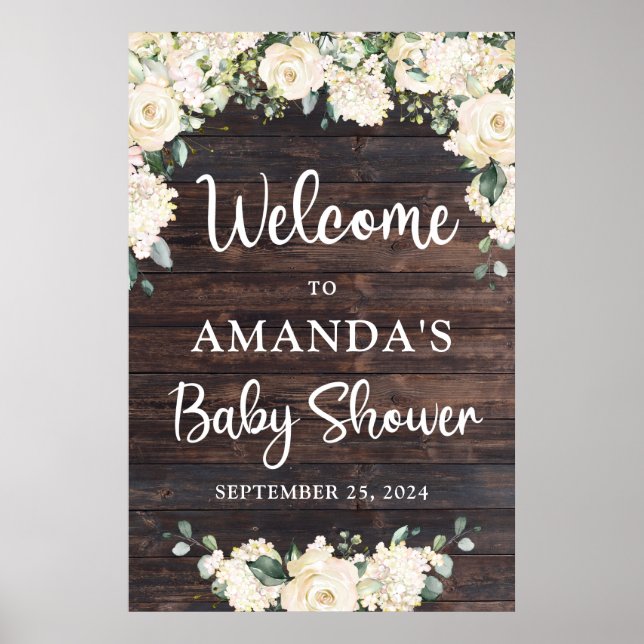 Rustic wood greenery baby shower welcome sign (Front)