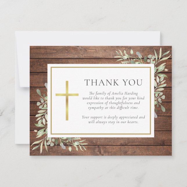 Rustic Wood Greenery Christian Funerla Thank You Card (Front)
