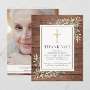 Rustic Wood Greenery Christian Photo Funeral Thank You Card