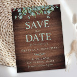 Rustic Wood Greenery Eucalyptus Save The Date Postcard<br><div class="desc">Save The Date! Announce your wedding to friends and family with these rustic wood and eucalyptus leaves save the date cards. Personalize with names, wedding date, location. Add any other information on the back. These unique botanical greenery wedding save the cards will make a lasting impression, your guests will make...</div>