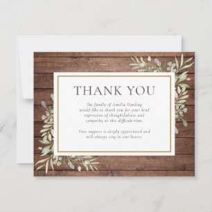 Rustic Wood Greenery Funeral Celebration of Life Thank You Card
