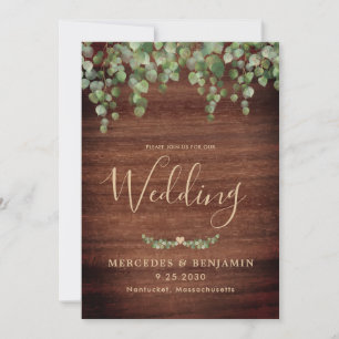 Rustic Wood Greenery Gold QR Code Wedding Invitation