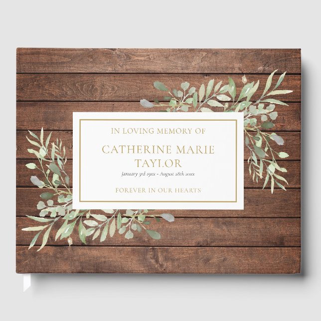 Rustic Wood Greenery In Loving Memory Funeral Guest Book (Front)