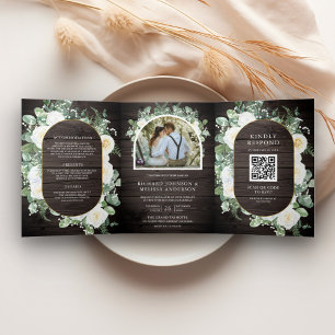 Rustic Wood Greenery Ivory Floral QR Code Wedding Tri-Fold Invitation