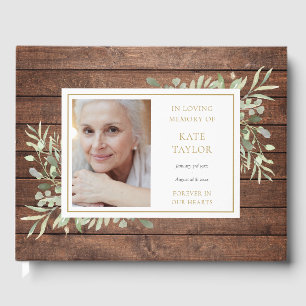 Rustic Wood Greenery Loving Memory Photo Funeral Guest Book