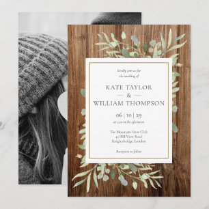 Rustic Wood Greenery Photo Wedding Invitation