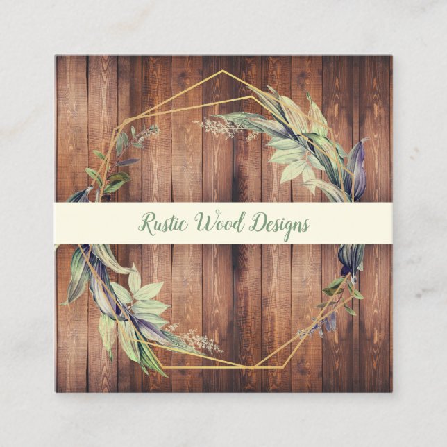 Rustic Wood Greenery Square Business Card (Front)