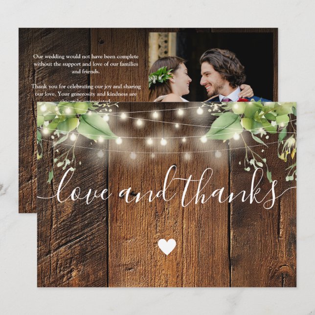 Rustic Wood Greenery String Lights Wedding Photo Thank You Card (Front/Back)