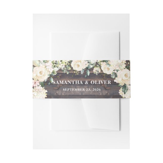 Rustic wood greenery white roses floral wedding invitation belly band (Front Example)
