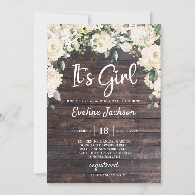 Rustic wood greenery white roses it's a girl baby invitation (Front)