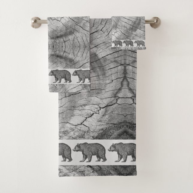Rustic Wood Grey Walking Bears Bath Towel Set (Insitu)
