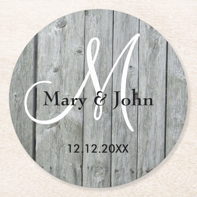 Rustic Wood Grey Wedding Monogram Round Paper Coaster (Front)