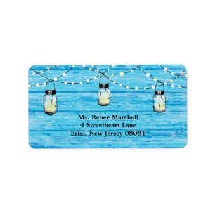 Rustic Wood Hanging Mason Jars and Lights Wedding Label