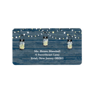 Rustic Wood Hanging Mason Jars and Lights Wedding Label