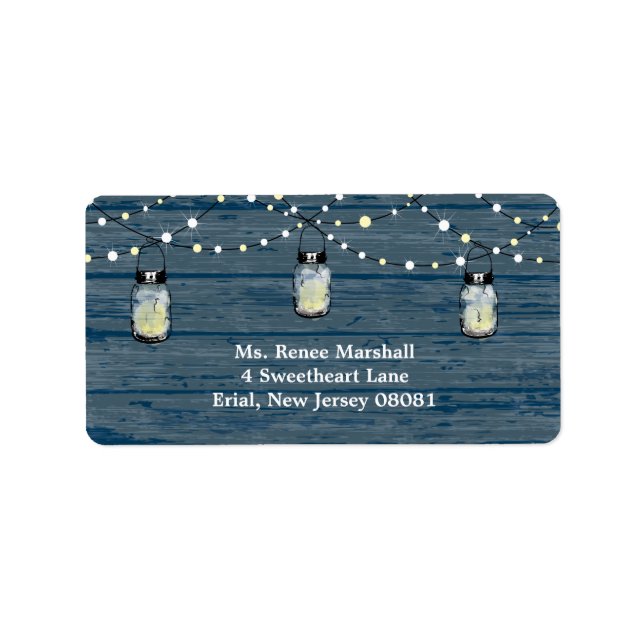 Rustic Wood Hanging Mason Jars and Lights Wedding Label (Front)