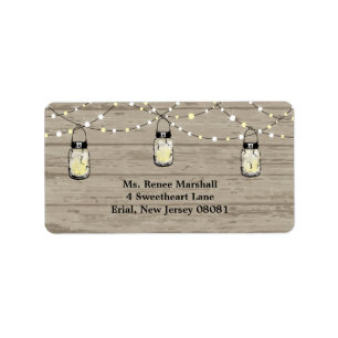 Rustic Wood Hanging Mason Jars and Lights Wedding Label